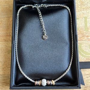 Necklace silver with gold , crystal and rose gold charms